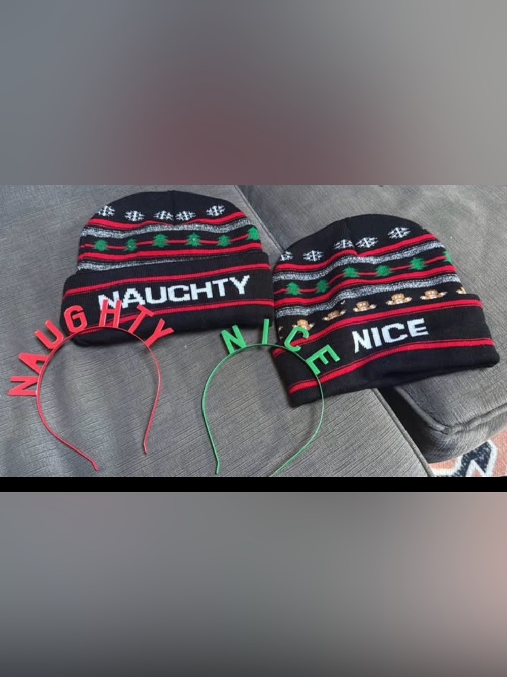 Naughty & Nice Kids Holiday Beanie Set - Black with Red & Green